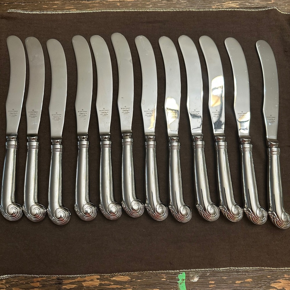 Kirk Stieff Williamsburg Royal Shell Stainless Steel 12 Pc Dinner Knives Vintage
